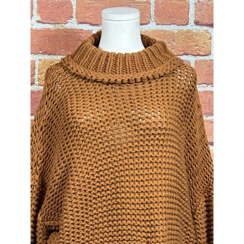 Free People‎ Chunky Knit Cotton Pullover Sweater Brown Mock Neck  Size  S/P